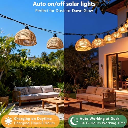 TWINKVILLA Solar Rattan String Lights Outdoor, 16FT 16 LED Half-Globe Hemisphere Wicker Lanterns, IP65 Waterproof Solar Powered Patio Lights, Boho Decorative Hanging Lighting for Garden Porch Wedding - Image 3
