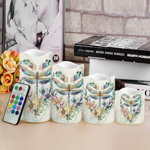 Dragonfly Floral Flameless Candles with Remote Timer Flickering LED Pillar Candles Color Changing Set of 4 Battery Operated Candles Indoor Outdoor Home Table Beach Wedding Decoration - Image 4