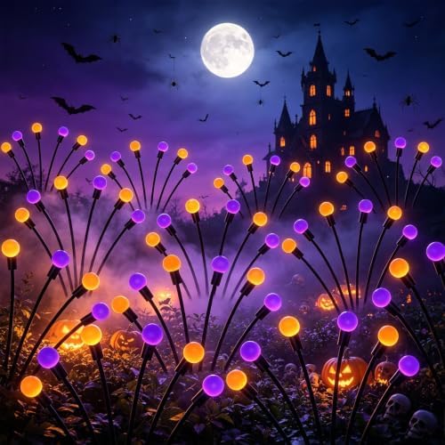 VOOKRY 10 Pack Halloween Decorations Outdoor, 60 LED Solar Firefly Lights Outdoor Waterproof Swaying Scary Solar Halloween Lights for Yard Garden Pathway Lawn Party Decor, Orange & Purple by VOOKRY