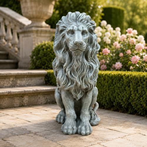 Sitting Lion Garden Statue, Magnesium Oxide Outdoor Yard Decor by Guioiby