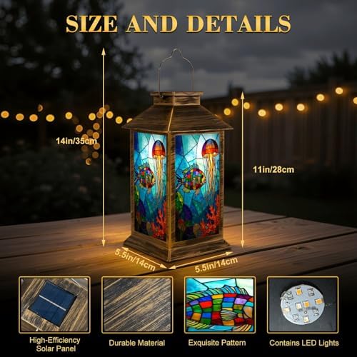 Solar Lantern Outdoor Waterproof Stained Glass Fish Jellyfish Vibrant Colors Garden Decor LED Hanging Solar Lights Tabletop Lamp Gifts for Women Mom Outside Yard Patio Porch - Image 2
