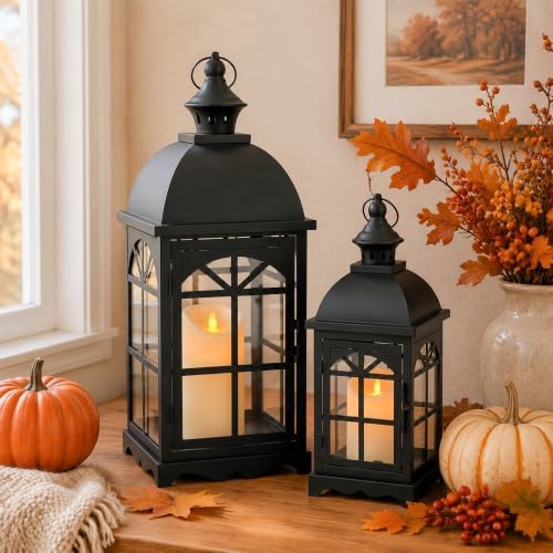 TRIROCKS Set of 2 Decorative Vintage Candle Lanterns 14.5"&20" H Farmhouse Outdoor Hanging Lanterns with Tempered Glass for Porch, Balcony, Patio, Home, Centerpieces, Indoor, Outdoor(Black) - Image 2