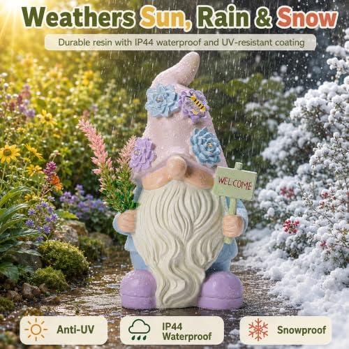 Solar Gnome with Succulent LED Lights and Welcome Sign, Lavender Garden Gnome Statue Decor for Patio, Yard, Balcony, Home, Lawn Ornaments, Birthday Gifts for Mom Women Grandma - Image 2