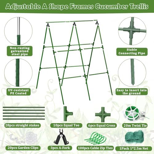 Cucumber Trellis for Raised Beds, 31 X 47 Inch Adjustable Size A-Frame Garden Trellis for Climbing Plant Outdoors with Climbing Net and Plant Support Clip for Vegetable Grape Tomato Garden Supplies - Image 2
