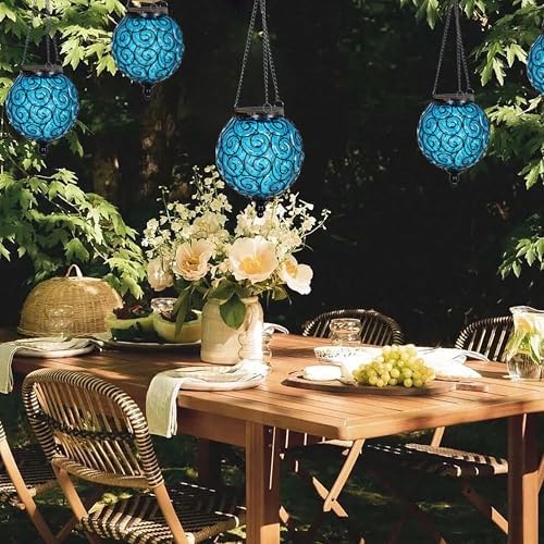Solar Hanging Lantern Outdoor Garden Lights, Round Glass and Metal Hanging Lantern, 15 Firefly LED Lights, 7 x 20 Inch (Blue) - Image 7