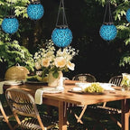 Solar Hanging Lantern Outdoor Garden Lights, Round Glass and Metal Hanging Lantern, 15 Firefly LED Lights, 7 x 20 Inch (Blue) - Image 7