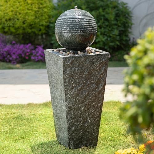 Glitzhome Outdoor Water Fountain, Outdoor Fountain with Pebbles, Pump and LED Light, 31.75" H Modern Geometric Pedestal and Sphere Polyresin Waterfall Fountain for Patio, Backyard, Garden, Deck Decor by Glitzhome