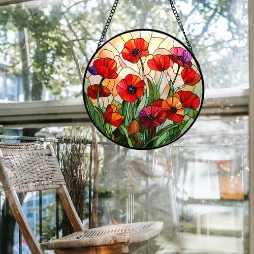 Red Poppy Flower Stained Glass Window Hanging Suncatcher Gifts for Mom 15" - Image 5