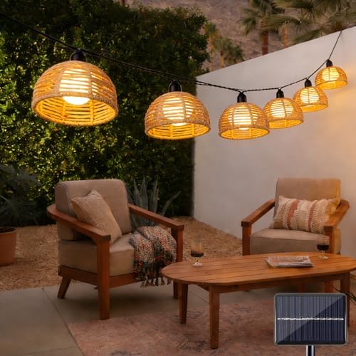 TWINKVILLA Solar Rattan String Lights Outdoor, 16FT 16 LED Half-Globe Hemisphere Wicker Lanterns, IP65 Waterproof Solar Powered Patio Lights, Boho Decorative Hanging Lighting for Garden Porch Wedding by TWINKVILLA