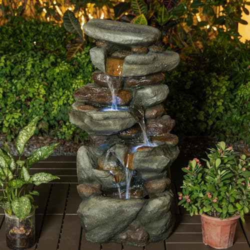 Outdoor Water Fountain with LED Lights, 30" Stacked Rock Cascading Water Feature, Freestanding Garden Fountain for Patio, Backyard, Balcony, Deck, Porch, Housewarming Gift - Image 3