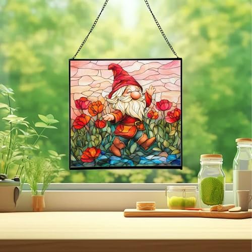 Poppy Meadow Gnome Stained Glass Suncatcher – Square Hanging Window Panel for Home or Greenhouse – Whimsical Glass Art Gift for Garden Lovers, Christmas, Halloween, Father Days Yxk5rr - Image 2