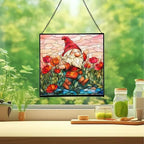 Poppy Meadow Gnome Stained Glass Suncatcher – Square Hanging Window Panel for Home or Greenhouse – Whimsical Glass Art Gift for Garden Lovers, Christmas, Halloween, Father Days Yxk5rr - Image 2