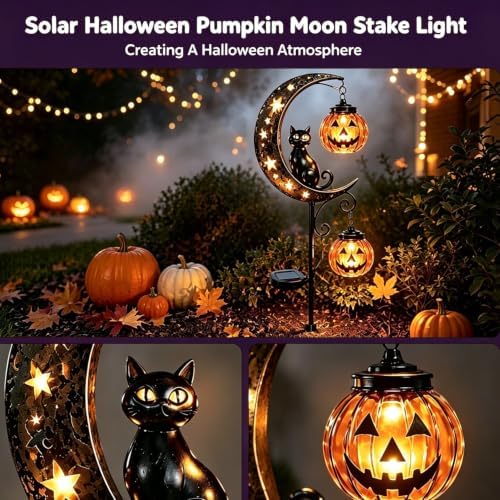 Solar Halloween Black Cat Pumpkin Stake Light Bats Stars Moon for Yard - Image 4