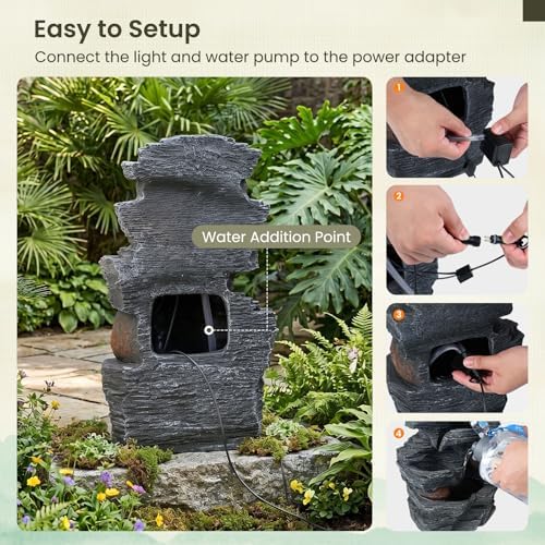 Giantex 5-Tier Water Fountain Outdoor, 18 Inch Cascading Stacked Stone Waterfall Fountain with Lights & Pump, Outside Zen Water Feature for Patio, Balcony, Deck, Garden, Yard Decor - Image 4