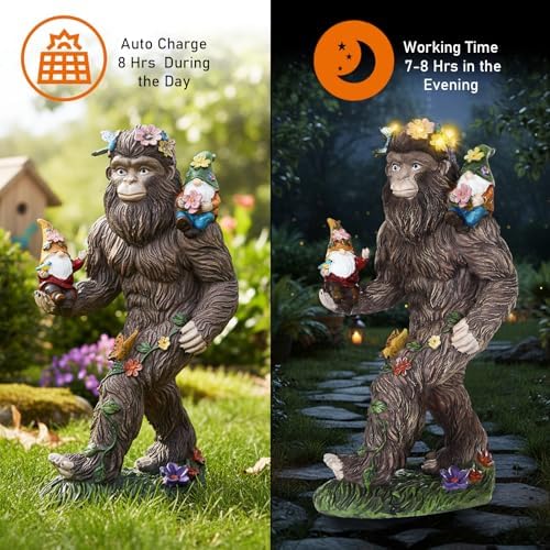 CroBlissful Solar Bigfoot Statue with Gnomes, 10.6 Inch Resin Sasquatch - Image 3