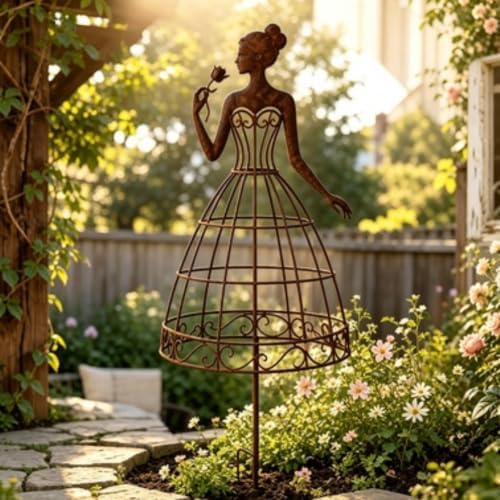 Metal Lady Garden Trellis for Climbing Plants, Decorative Dress‑Shaped Plant Support Stake, Vintage Rust‑Finish Flower Trellis for Yard Lawn Patio Outdoor Decor (3) - Image 7