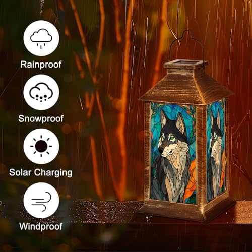 Solar Lantern Wolf Stained Glass Blue Orange Mosaic Wildlife Art Outdoor Waterproof Hanging Solar Light Outside Lights for Patio Yard House Lawn Decor Birthday Gifts for Women Mom - Image 5