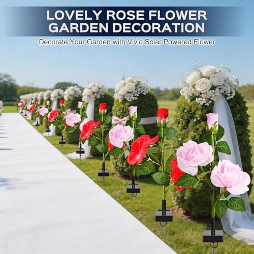 TANSOREN 4 Pack Solar Garden Lights Outdoor, 8 Lighting Modes Cool White LED Powered Waterproof Rose Flowers Landscape Light for Outside Yard, Patio, Pathway Decorative, Décor, Gifts - Image 5