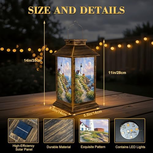 Solar Lantern Outdoor Waterproof Portland Head Lighthouse Scene Grassy Ocean Side Peninsula Sail Boat Garden Decor LED Solar Lights Hanging/Tabletop Lamp Gifts for Women Mom for Outside Yard Patio - Image 2