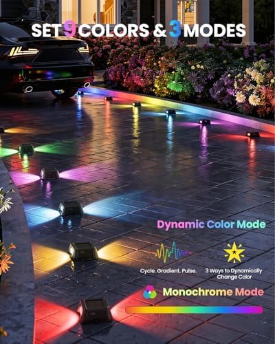TECKNET Solar Driveway & Deck Lights,9 Colors+3 Dynamic Modes,IP68,12 Pack - Image 2