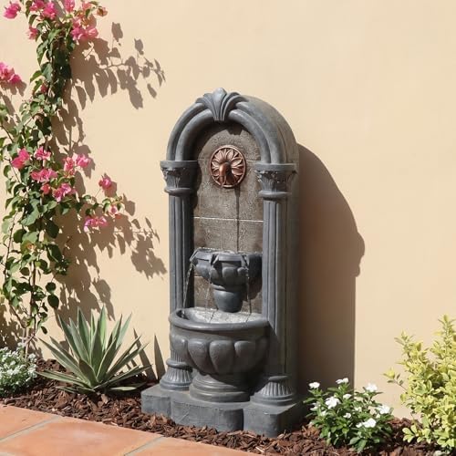 33.36" Outdoor Wall Fountain with LED Lights, Flat Back Water Fountain Outdoor Freestanding, Cascading Waterfall Feature for Patio Backyard Yard Garden Porch Courtyard by Bumilgar