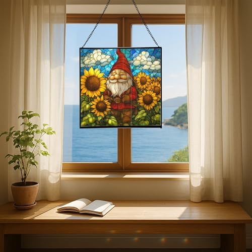 Sunflower Field Gnome Stained Glass Suncatcher – Square Hanging Window Panel for Home or Greenhouse – Whimsical Glass Art Gift for Garden Lovers, Christmas, Halloween, Father Days MDadjk - Image 6
