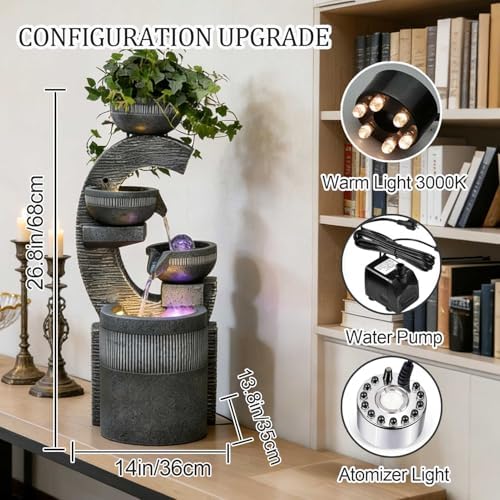 26.8" Tall Water Fountain Outdoor Garden, 4 Tiers Modern Cascading Bowls Water Fountain Outdoor Indoor Garden with LED Lights & Atomizer for Patio, Deck, Porch, Backyard Art Decor,A - Image 2