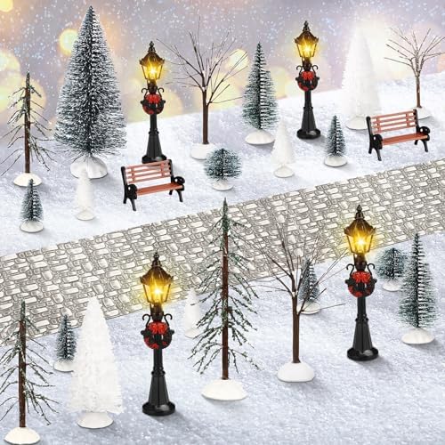 Hotop 28 Pcs Mini Artificial Christmas Village Tree Set Snow Christmas Pine Bare Branch Trees Xmas Street Lamp Post Miniature Park Bench Seat Cobblestone Street for Decoration(Stylish) by Hotop