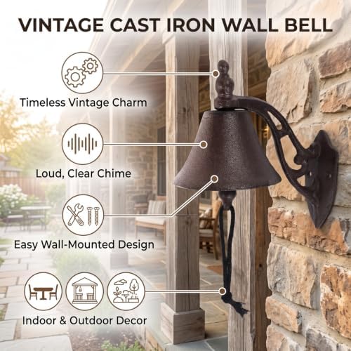 Luocute Cast Iron Outdoor Dinner Bell with Vintage Wall Mount - Image 6