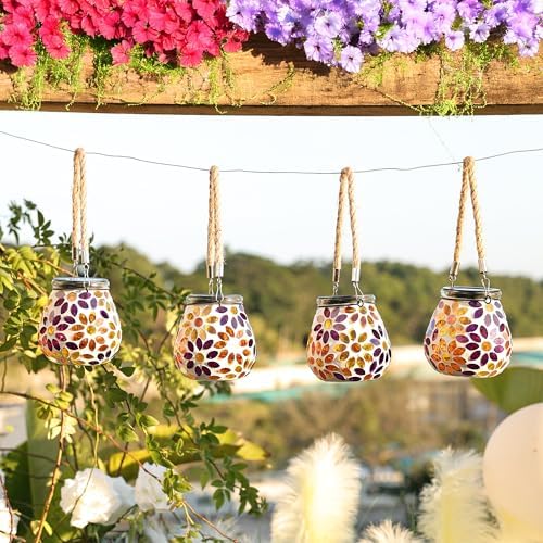 Cooo 2 Pack Mosaic Solar Lantern Outdoor Waterproof IP68 Hanging Projection Light Hidden Lid Pear-Shaped Lantern with Rope Handle Solar Powered Auto On for Patio Garden Fence Table - Image 3