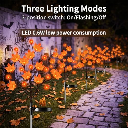 JUSTUP 2PCS Solar Halloween Flower Shaped Ground Lights, IP44 Waterproof LED Mood Lighting with Three Lighting Modes, Outdoor Garden Lawn Decor for Courtyards & Halloween Parties (Yellow Maple Leaf) - Image 3
