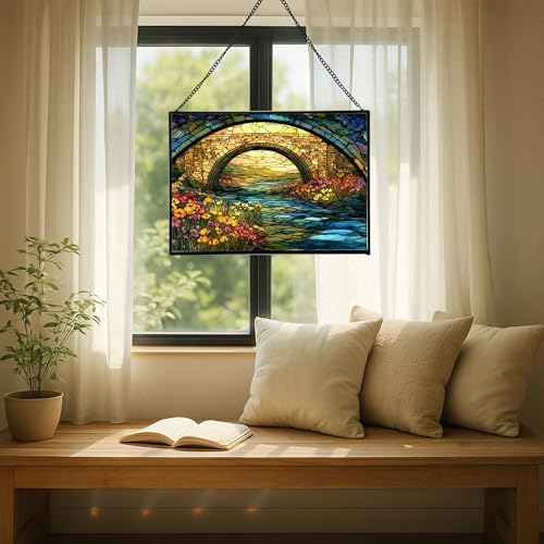 Rainbow Bridge Over Meadow Stream Rectangular Stained Glass Suncatcher – Hanging Window Panel with Animal & Nature Scene – Vibrant Glass Art Gift for Wildlife, Fantasy, Nature Lovers YSUv9u - Image 7