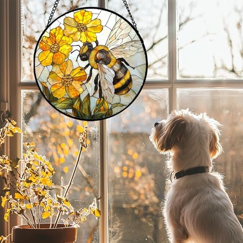 Yellow Flower Bee Stained Glass Window Hanging Decor Gifts for Women 12" - Image 2