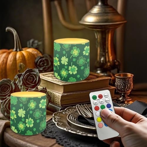 St Paddy's Day Shamrocks Flameless Candles with Remote and Timer Battery Operated Flameless LED Pillar Candles for Party, Banquet, Home Decoration Battery Tealights - Image 4