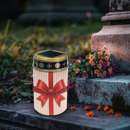Poceacles Holiday Cemetery Candle Grave Lights Outdoor Waterproof Decoration Pathway Lights Garden Solar Candle for Christmas Holiday Party Decor, Red Bow Stripes, 2 Pack - Image 3