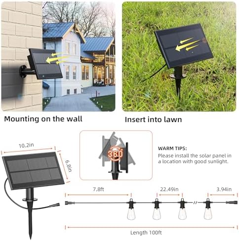 Kawaya Solar Powered String Lights for Outside: 100 FT LED Outdoor Patio Lights with USB-Charging - IP65 Waterproof Hanging Light - 50+2 Shatterproof Edison Bulbs for Bistro Cafe Camp Yard Balcony - Image 5