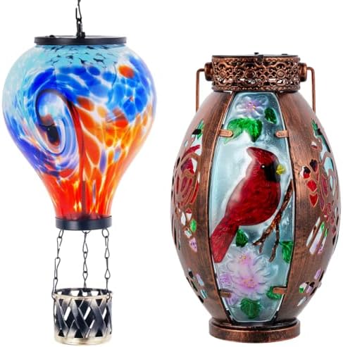Starsoul Unique Hot Air Balloon + Cardinal Solar Lantern Glass Solar Hot Air Balloon Lantern with Flame Light + Metal &Stained Glass Cardinal Solar Light Waterproof Solar Lantern for Yard Garden by Starsoul