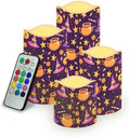 Flameless Candles Battery Operated Candles with Remote Control and Timers Color Changing Halloween Party Decor Accessories Flickering LED Pillar Candles Set of 4 Halloween Pattern by Uorisanigo
