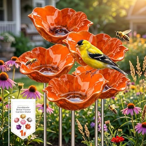 Metal Flower Garden Stakes Bird Bath, Handmade Floral Metal Garden Stakes Decorative, Serving as a Mini Bird Bath & Butterfly Bee Watering Station for Outdoor Lawn & Yard Decor (5pcs Orange) by Unknown