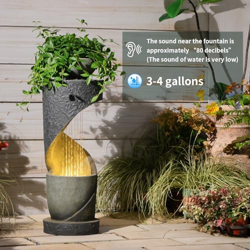 Tiered Outdoor Water Fountain, Modern Spiral Cascading Waterfall Fountain with Planter, Freestanding Resin Indoor Water Feature for Room, Garden, Patio, Deck, 31.5"H with Light Stone-Texture - Image 5
