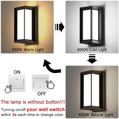 Sytmhoe Outdoor Wall Lights,2Packs Exterior Light Fixture,LED Wall Sconce 3-Color-Changeable Wall Mounted Lamps,Matte Black Porch&Patio Light Outdoor,IP65 Waterproof for Hallway Stairs Gardens - Image 3