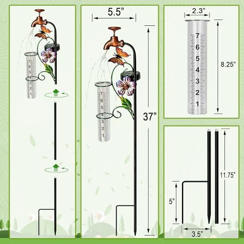 37in Solar Butterfly Rain Gauge Copper Faucet Metal Garden Stake Decor - Image 5