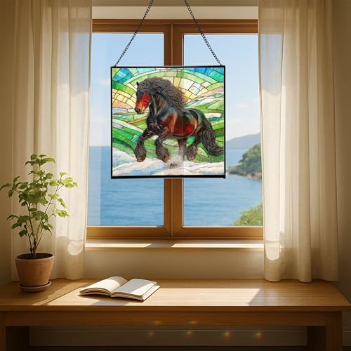 Black Icelandic Horse Climbing Snowy Slope Square Suncatcher – Stained Glass Style Window Panel with Pastoral Scene, Custom Decorative Hanging Art for Equestrian Home, Christmas AU2nfq - Image 6