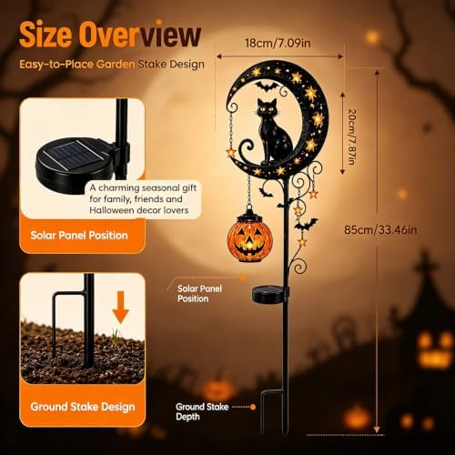 Solar Halloween Black Cat & Pumpkin Moon Metal Garden Stake Light, Waterproof Solar Outdoor Decor, Auto Dusk Light Ornament for Yard Lawn Patio Pathway - Image 2