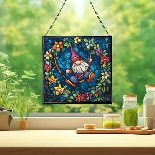 Wreath Swing Gnome Stained Glass Suncatcher – Square Hanging Window Panel for Home or Greenhouse – Whimsical Glass Art Gift for Garden Lovers, Christmas, Halloween, Father Days Of4WNz - Image 2