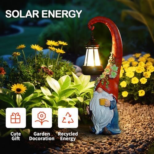 Solar Coffee Gnome Garden Statue with Lantern, 13.3-Inch Decor - Image 4