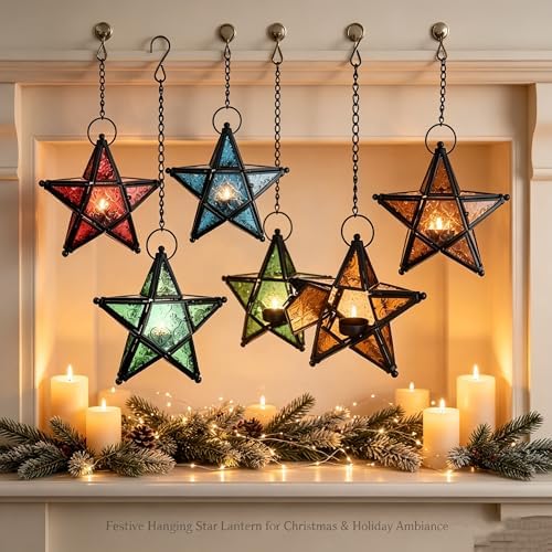 Moroccan Star Lantern,Metal Moroccan Star Lanterns Hanging,Vintage Five Point Star Hanging Candle Lantern, Embossed Stained Glass Iron Windproof Tealight Holder (Blue) - Image 2