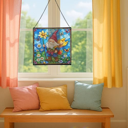 Spring Parade Gnome Stained Glass Suncatcher – Square Hanging Window Panel for Home or Greenhouse – Whimsical Glass Art Gift for Garden Lovers, Christmas, Halloween, Father Days fFF7J7 - Image 5