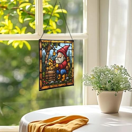 Gnome Beekeeping Stained Glass Suncatcher – Square Hanging Window Panel for Home, Garden, Nursery, Halloween, Christmas, Memorial Day – Whimsical Glass Art Gift for Gnome Lovers ccp1uh - Image 3