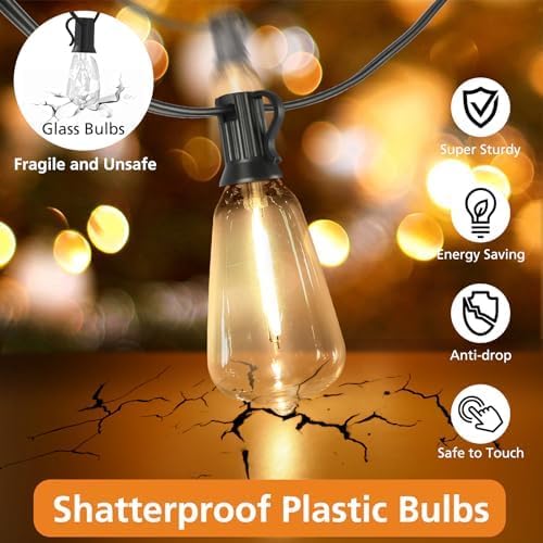 Brightever 3 Color in 1 LED Outdoor String Lights with Remote, 100FT Edison Hanging String Lights for Outside Dimmable, Outdoor Lighting for Patio Café Bistro with 52 ST38 LED Bulbs, 2700K/4000K/5000K - Image 2